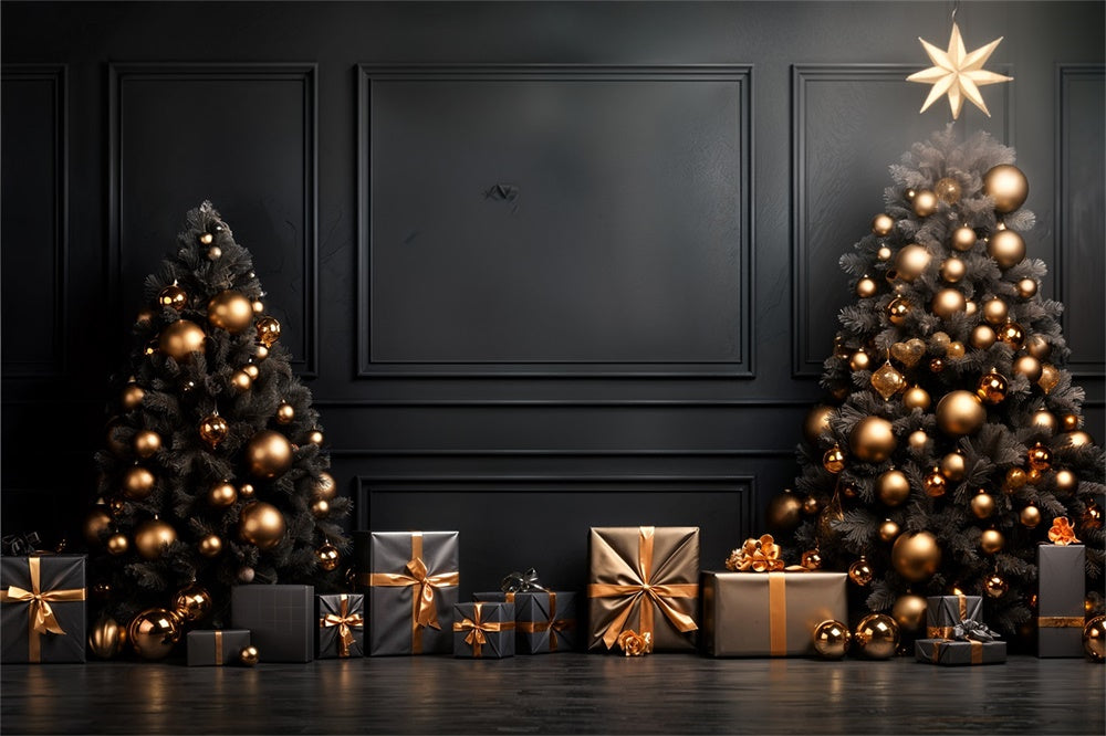 Sfondo Di Alberi Ornamentali In Oro Nero Natalizio RR8-132