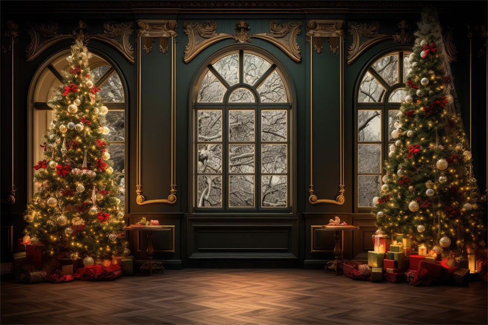 Sfondo Per Sala Da Ballo Con Alberi Di Natale Decorati RR8-134