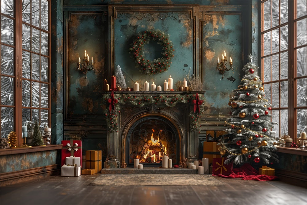 Sfondo Di Albero Di Natale Vintage Accogliente Caminetto RR8-169