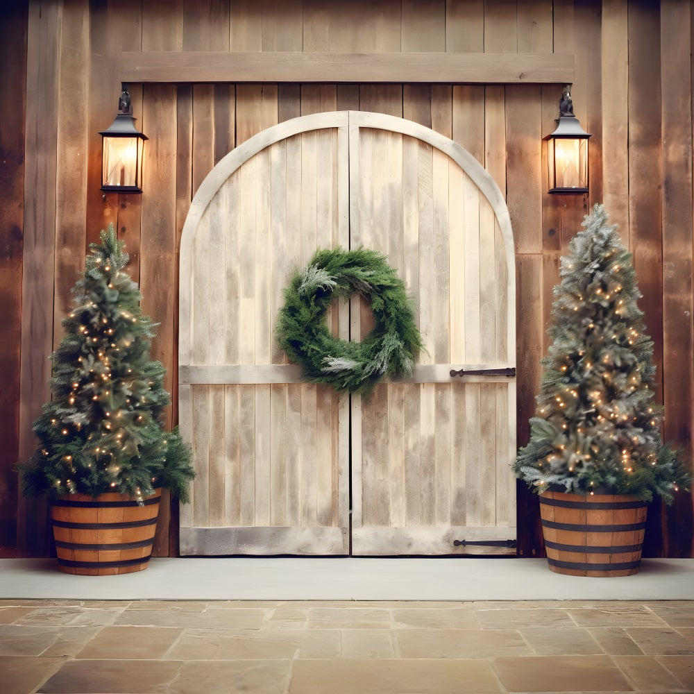 Sfondo Di Alberi Illuminati Da Una Porta Rustica Di Natale RR8-178