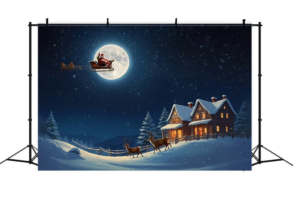 Slitta Di Babbo Natale Sullo Sfondo Del Villaggio Al Chiaro Di Luna RR8-235
