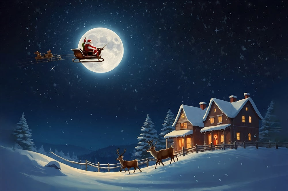 Slitta Di Babbo Natale Sullo Sfondo Del Villaggio Al Chiaro Di Luna RR8-235