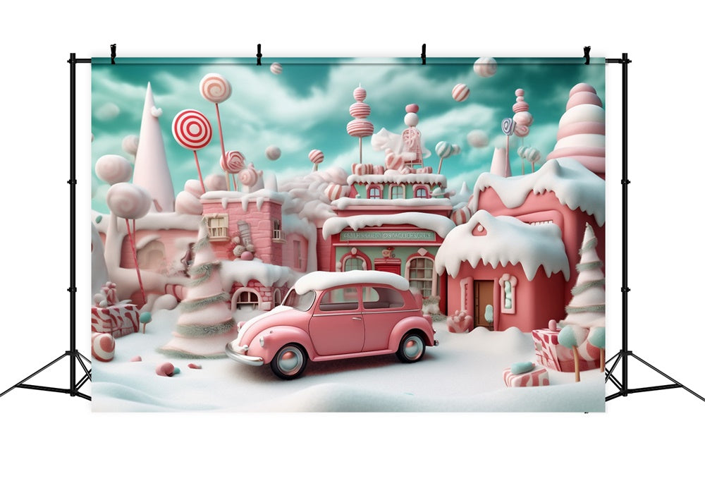 Sfondo Di Auto Del Villaggio Di Caramelle Rosa Di Natale RR8-251