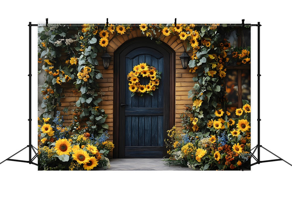 Ghirlanda Di Girasoli Autunnali Che Adorna Lo Sfondo Della Porta RR8-314