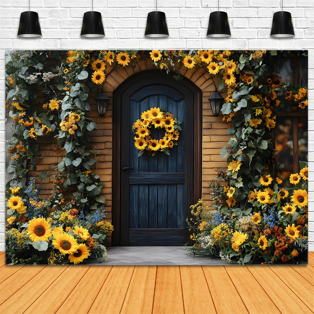 Ghirlanda Di Girasoli Autunnali Che Adorna Lo Sfondo Della Porta RR8-314