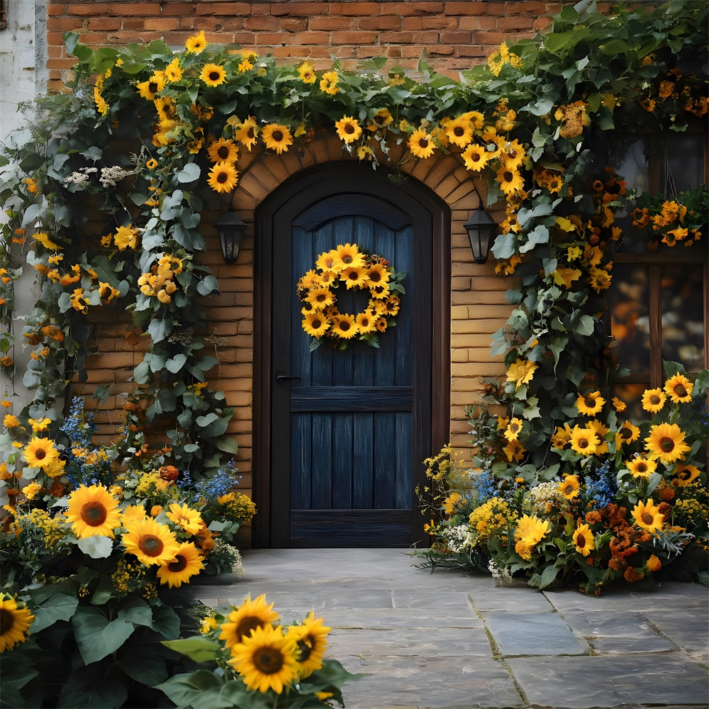 Ghirlanda Di Girasoli Autunnali Che Adorna Lo Sfondo Della Porta RR8-314