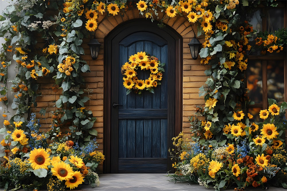 Ghirlanda Di Girasoli Autunnali Che Adorna Lo Sfondo Della Porta RR8-314