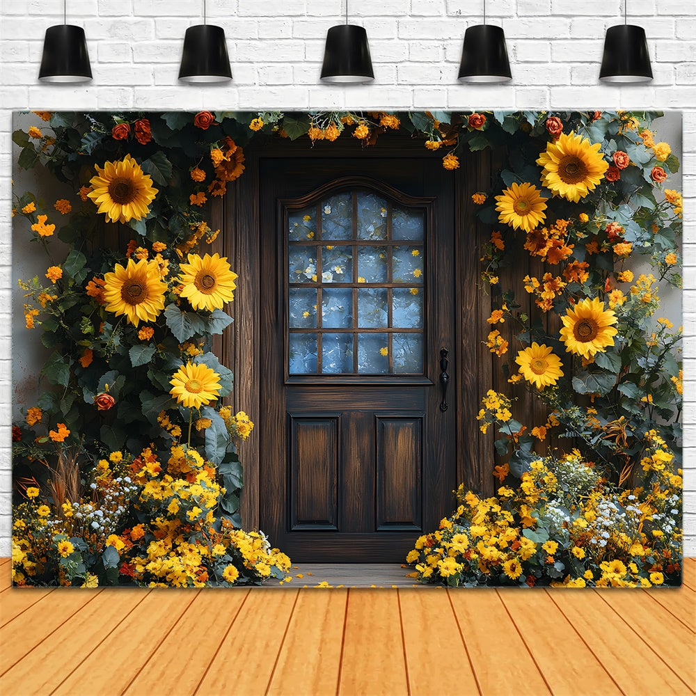 Sfondo Autunnale Porta Decorata Con Ghirlanda Di Girasoli RR8-315