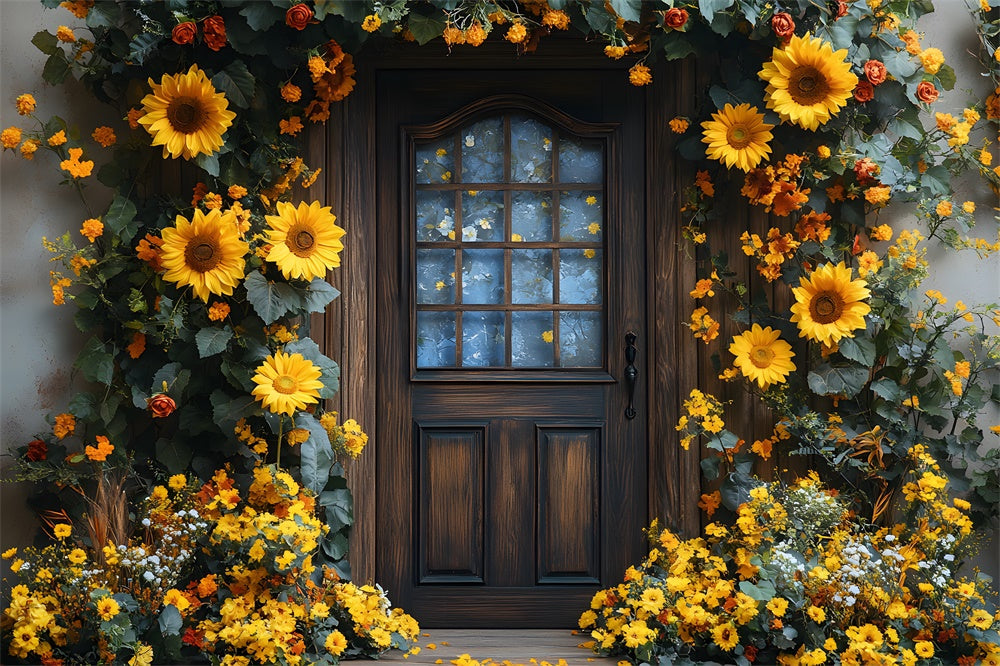 Sfondo Autunnale Porta Decorata Con Ghirlanda Di Girasoli RR8-315