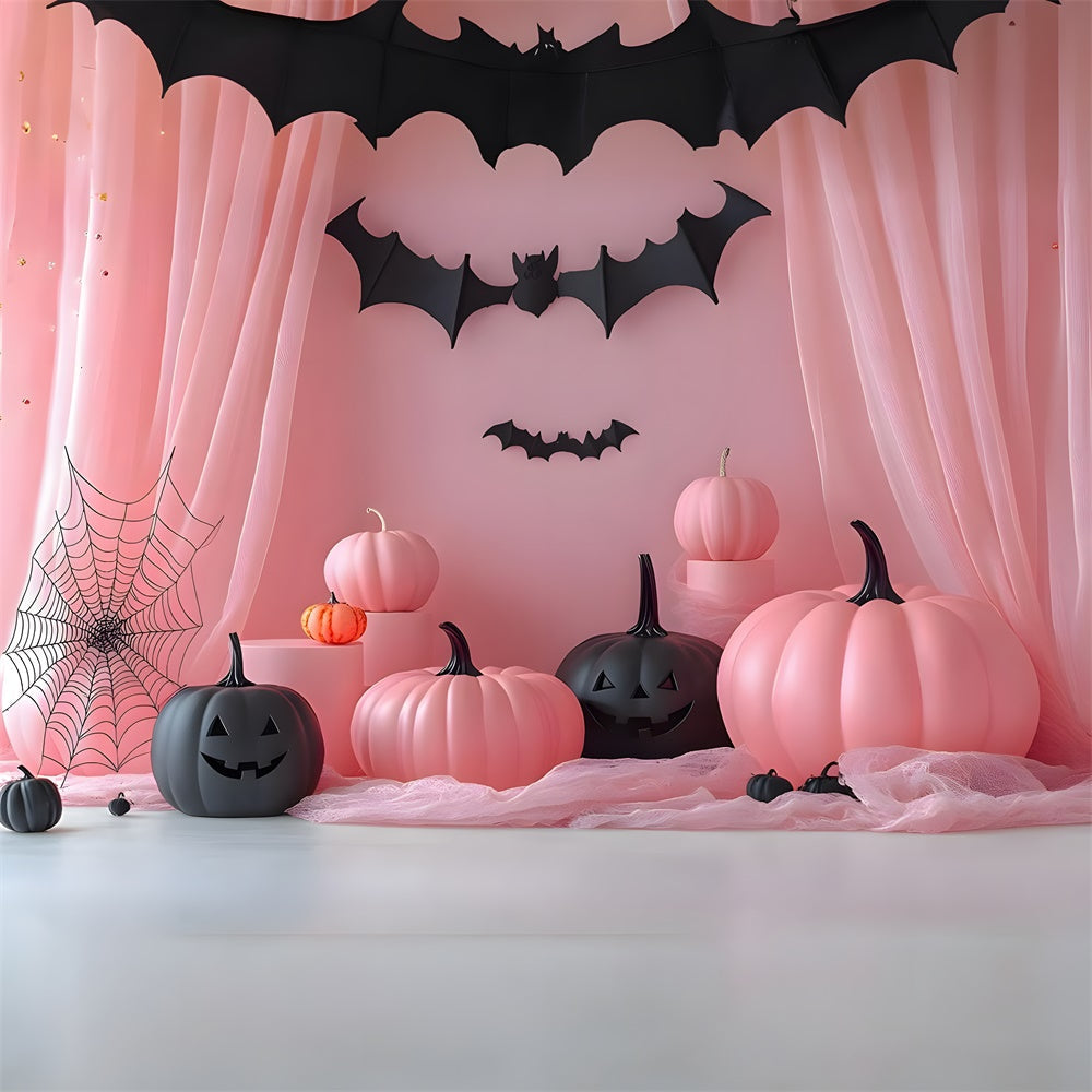 Sfondo Fotografico Con Zucche Rosa E Pipistrelli Di Halloween RR8-387