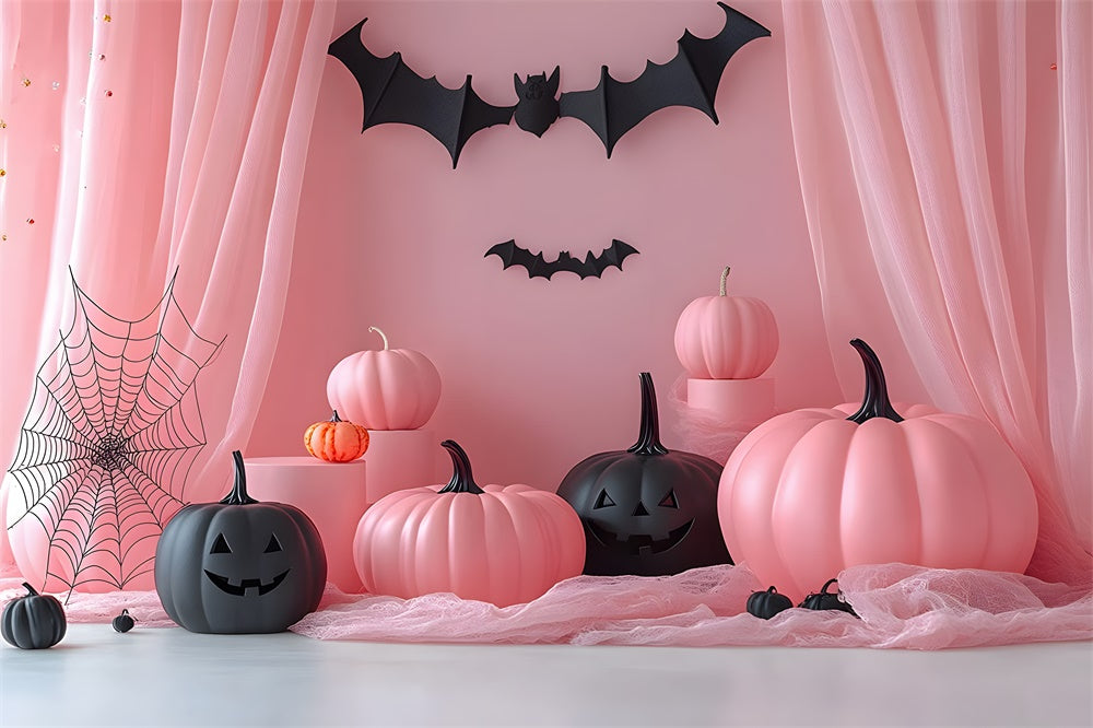Sfondo Fotografico Con Zucche Rosa E Pipistrelli Di Halloween RR8-387