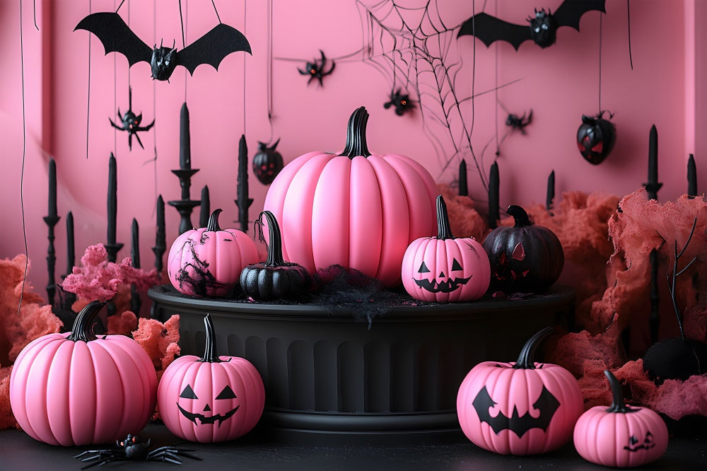 Sfondo Di Halloween Con Zucche Da Muro Rosa E Pipistrelli RR8-388