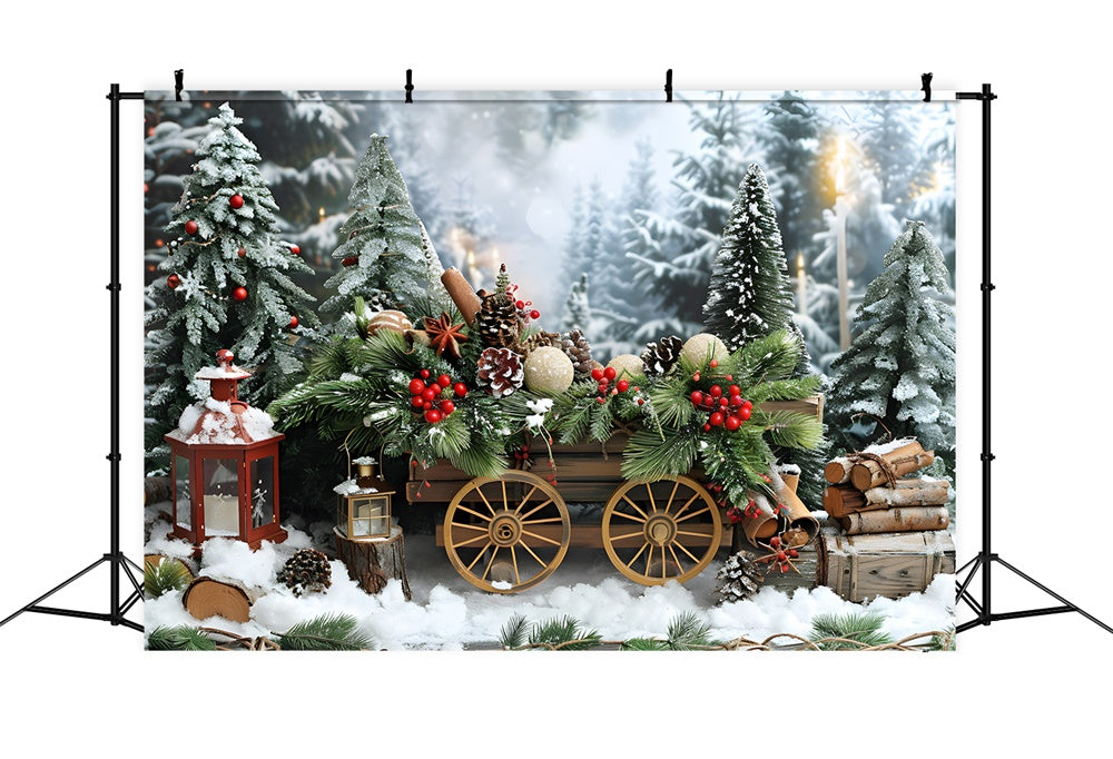 Sfondo Di Alberi Di Abeti Con Carrello In Legno Di Neve Di Natale RR8-4