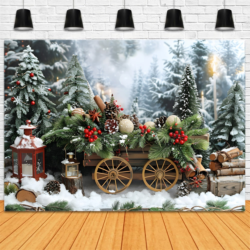 Sfondo Di Alberi Di Abeti Con Carrello In Legno Di Neve Di Natale RR8-4