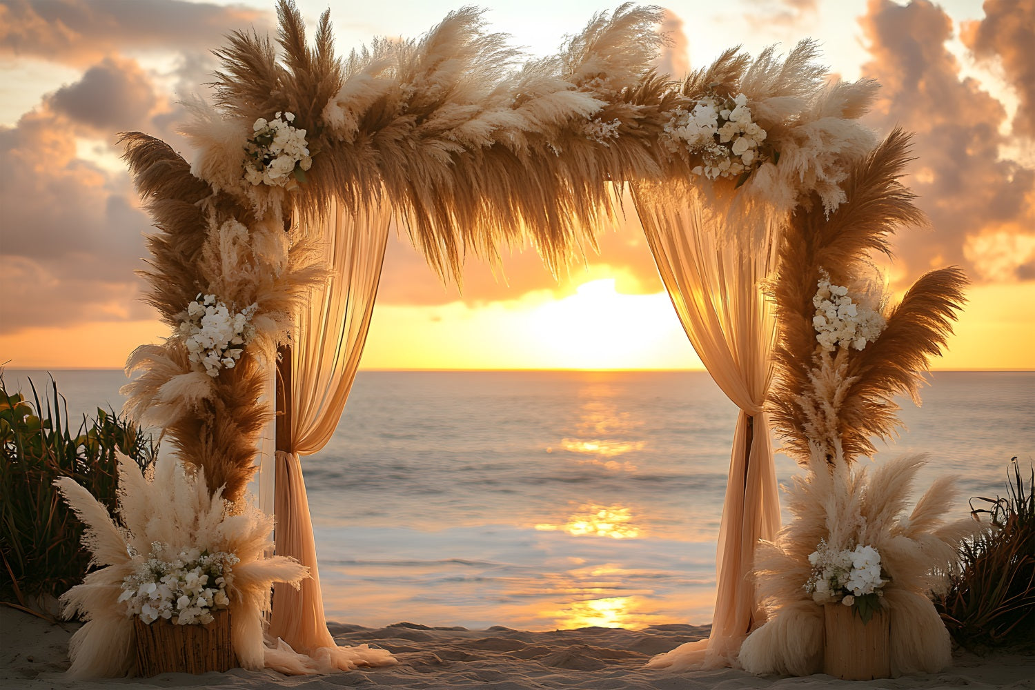 Sfondo Bohemien Con Arco Al Tramonto Sulla Spiaggia RR8-433