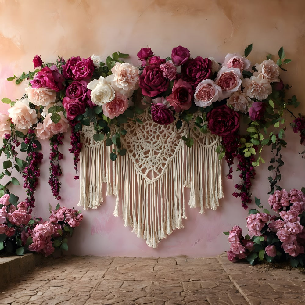 Sfondo Floreale Boho Macrame Bordeaux Intenso RR8-449