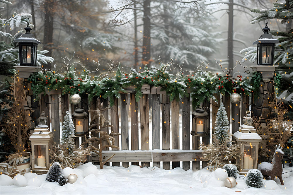 Sfondo Di Recinzione In Legno Della Foresta Innevata Di Natale RR8-5