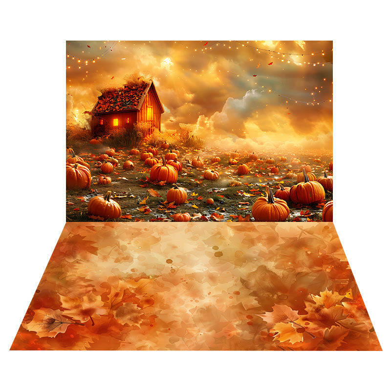 Sfondo Del Campo Di Zucca Autunnale+Sfondo Del Pavimento Di Foglie Di Acero RR8-525