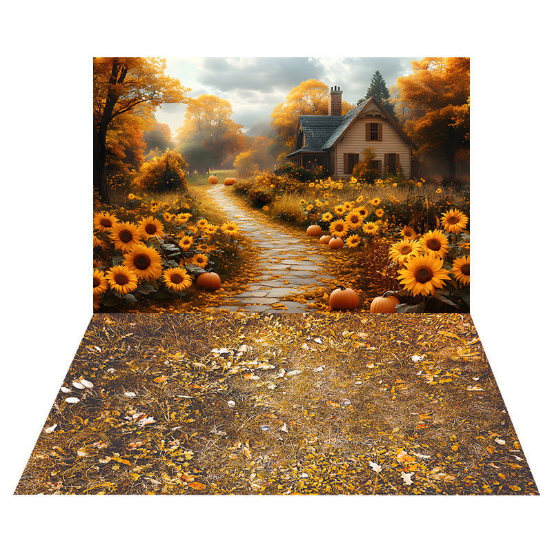 Sfondo Del Sentiero Del Girasole Autunnale+Sfondo Del Pavimento In Erba Appassita RR8-526