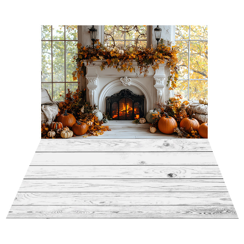 Sfondo Per Caminetto Con Zucca Autunnale+Sfondo Per Pavimento In Legno Bianco RR8-529