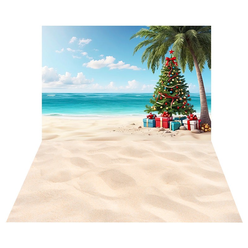 Sfondo Con Scatola Regalo Per Albero Di Natale+Sfondo Per Pavimento In Spiaggia Di Sabbia RR8-564