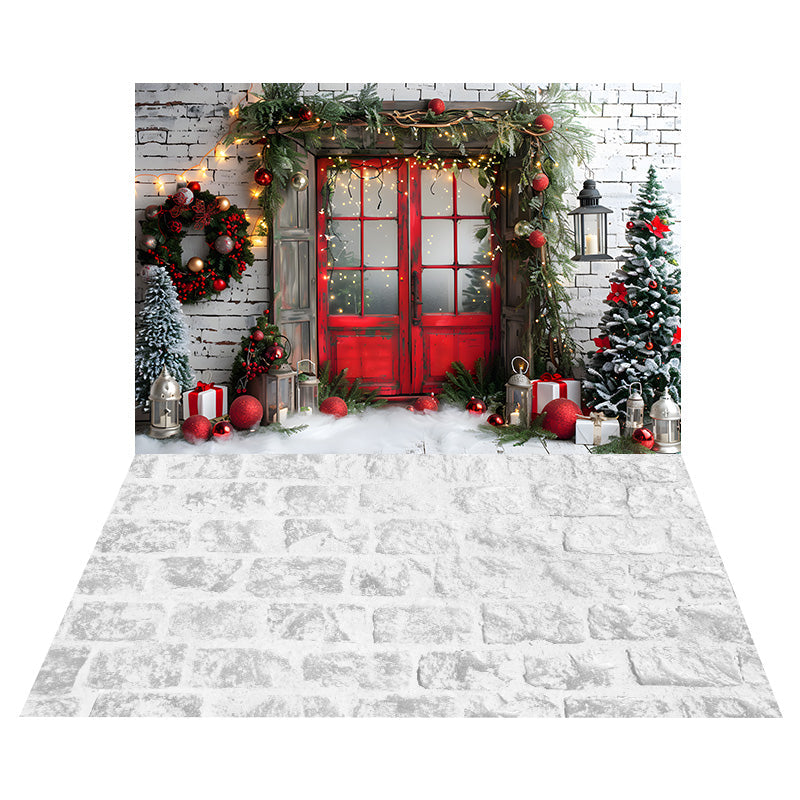 Sfondo Del Muro Di Mattoni Della Porta Di Natale+Sfondo Del Pavimento In Pietra Di Neve RR8-570