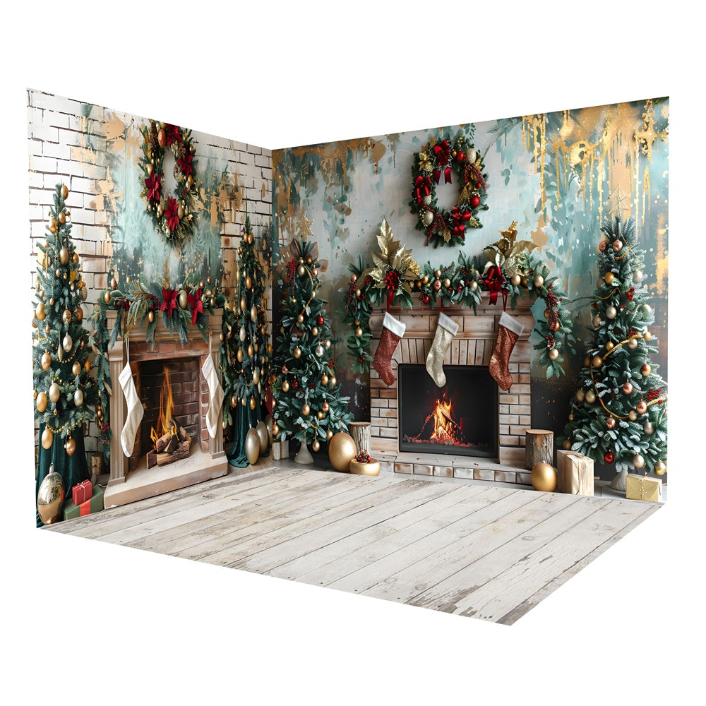 Set Per Stanza Con Sfondo Ghirlanda Per Camino Con Albero Di Natale RR8-607