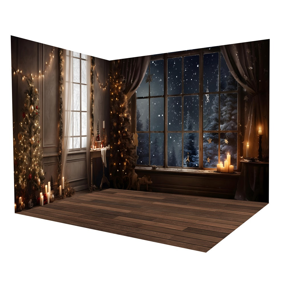 Set Per Camera Con Sfondo Per La Notte Innevata Della Finestra Da Muro Di Natale RR8-615
