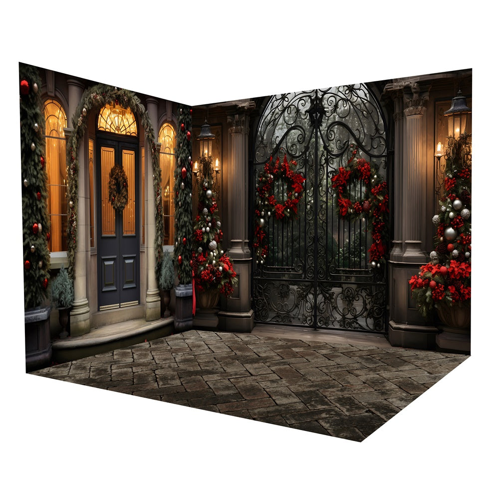 Set Per Stanza Sullo Sfondo Della Ghirlanda Della Porta Del Palazzo Magico Di Natale RR8-616