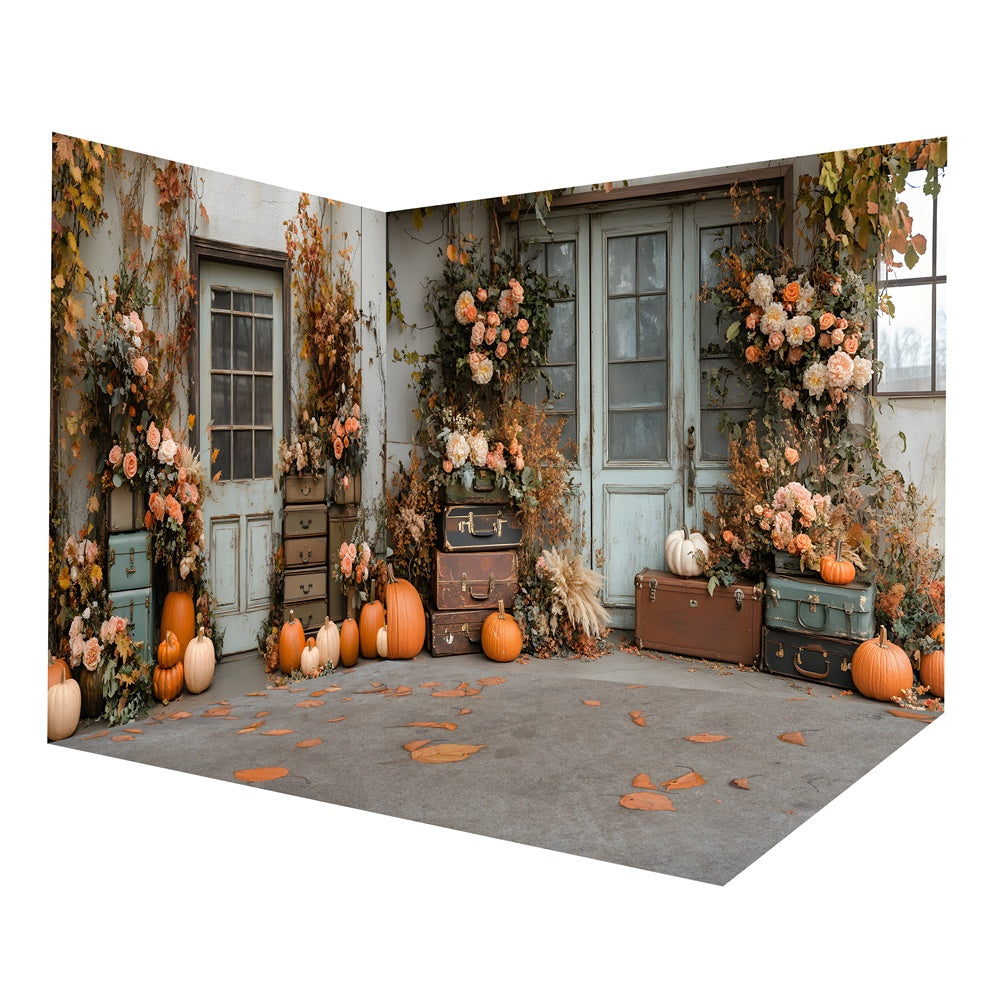 Set Da Camera Con Sfondo Di Zucca E Fiori Rustici Autunnali Per Porta RR8-656