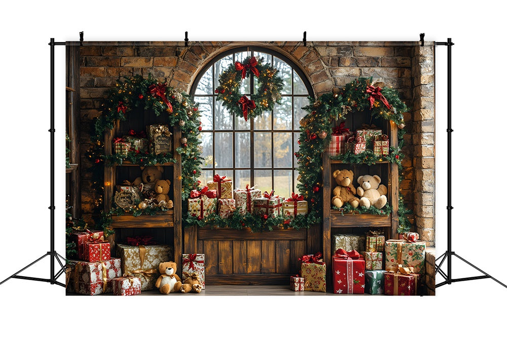 Sfondo Della Stanza Delle Scatole Regalo Dell'Orso Giocattolo Di Natale RR8-69