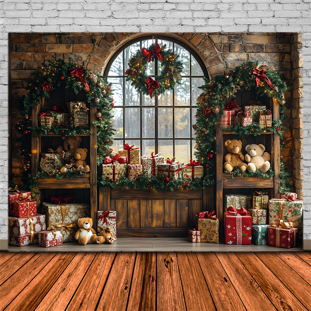 Sfondo Della Stanza Delle Scatole Regalo Dell'Orso Giocattolo Di Natale RR8-69