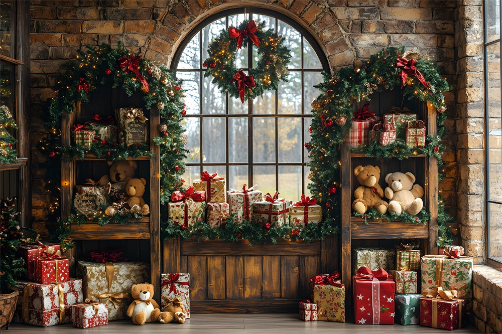 Sfondo Della Stanza Delle Scatole Regalo Dell'Orso Giocattolo Di Natale RR8-69