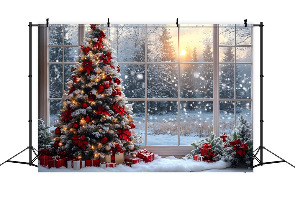 Sfondo Della Foresta Di Neve Della Finestra Dell'Albero Di Natale RR8-82