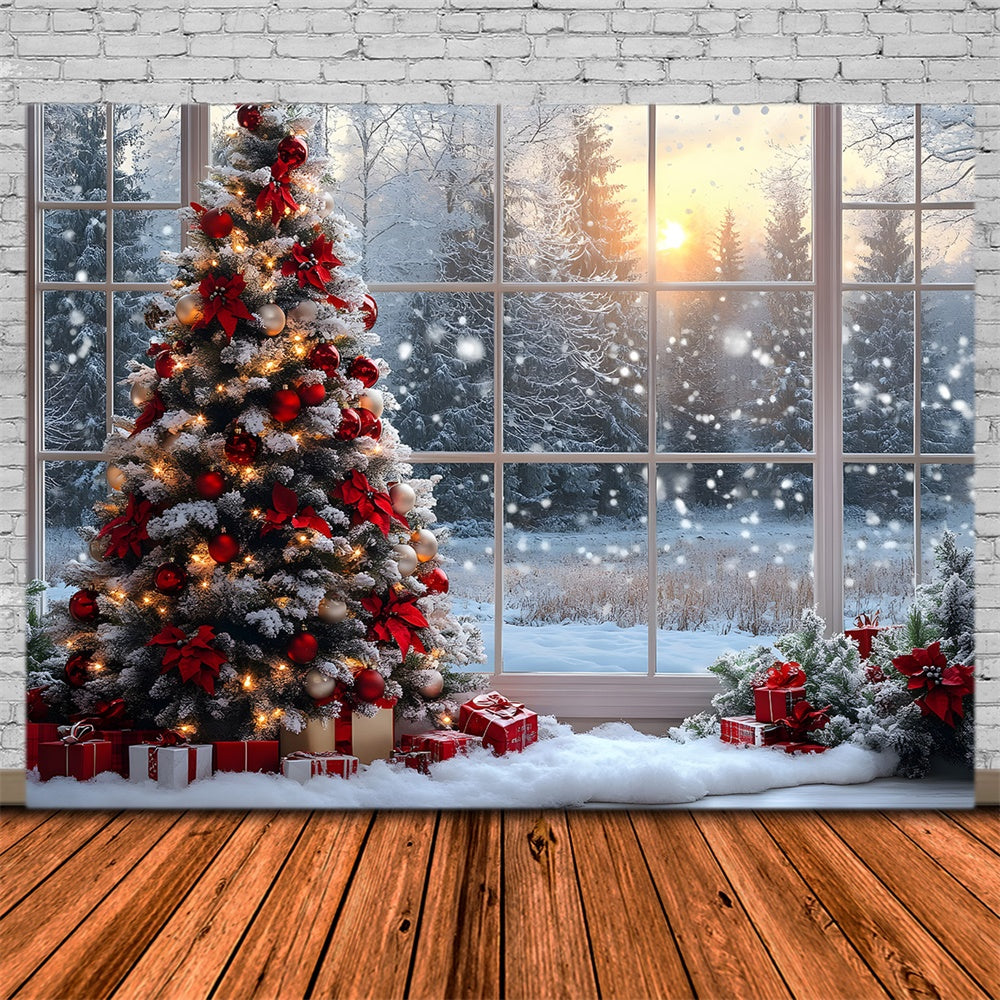 Sfondo Della Foresta Di Neve Della Finestra Dell'Albero Di Natale RR8-82