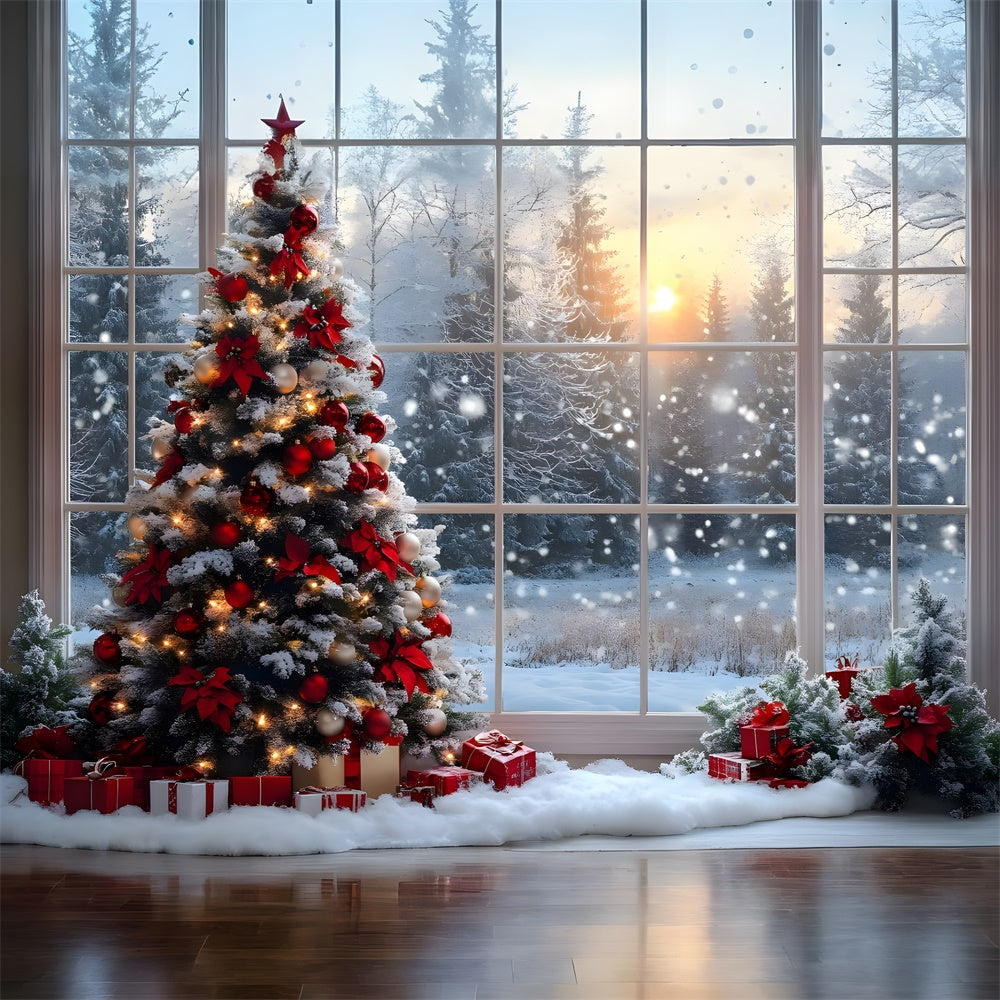 Sfondo Della Foresta Di Neve Della Finestra Dell'Albero Di Natale RR8-82