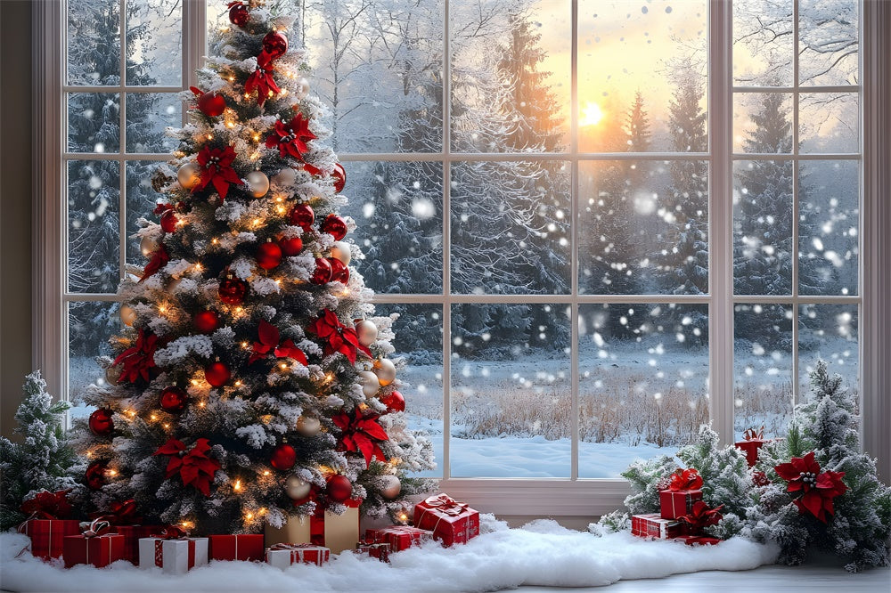 Sfondo Della Foresta Di Neve Della Finestra Dell'Albero Di Natale RR8-82
