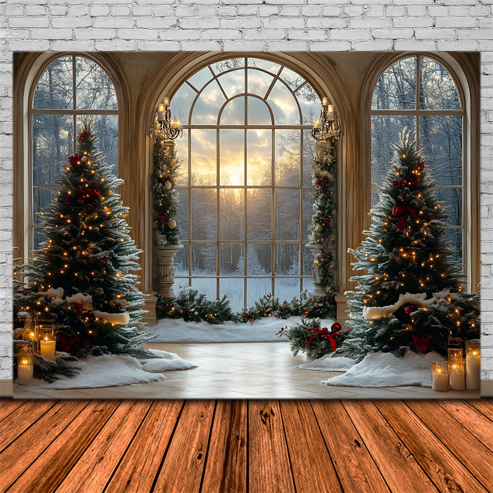Finestra Degli Alberi Di Natale Foresta Innevata Sullo Sfondo RR8-90