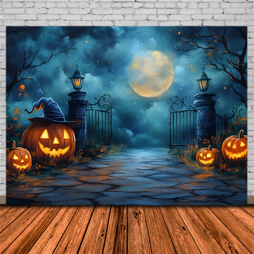 Sfondo Del Cancello Del Cimitero Di Notte Di Luna Spettrale Di Halloween RR9-100