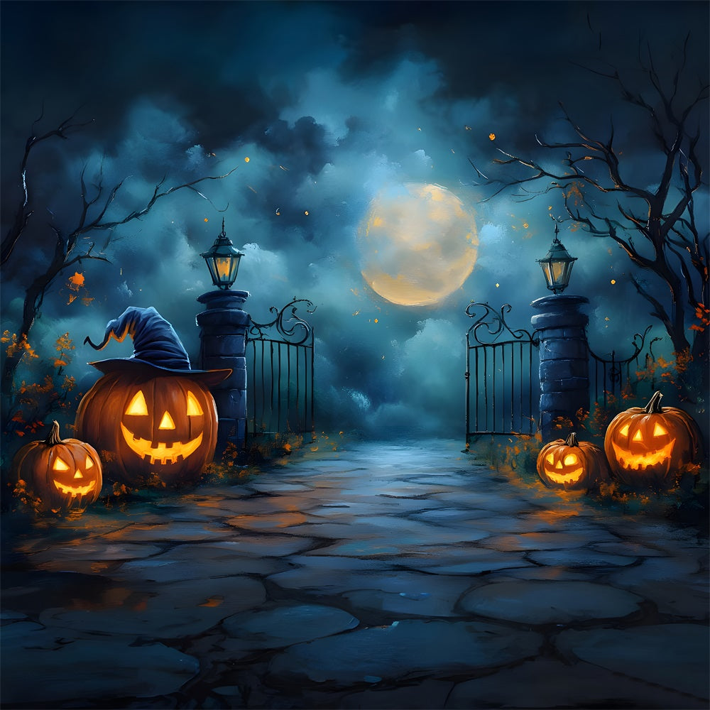Sfondo Del Cancello Del Cimitero Di Notte Di Luna Spettrale Di Halloween RR9-100