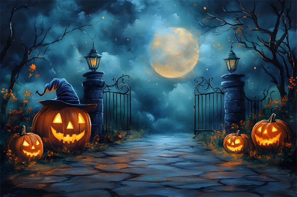 Sfondo Del Cancello Del Cimitero Di Notte Di Luna Spettrale Di Halloween RR9-100