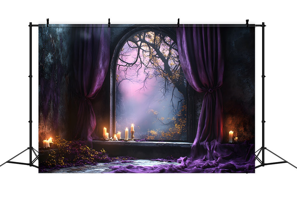 Sfondo Di Tenda Viola Con Porta Ad Arco Della Foresta Di Halloween RR9-102