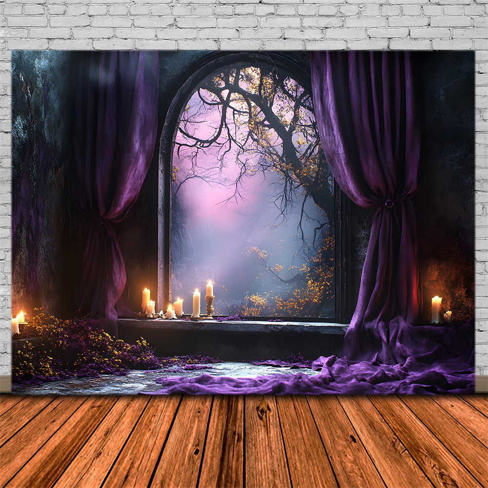 Sfondo Di Tenda Viola Con Porta Ad Arco Della Foresta Di Halloween RR9-102