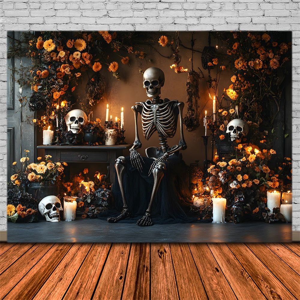 Spettrale Halloween Scheletro Candele Fiore Sfondo RR9-103