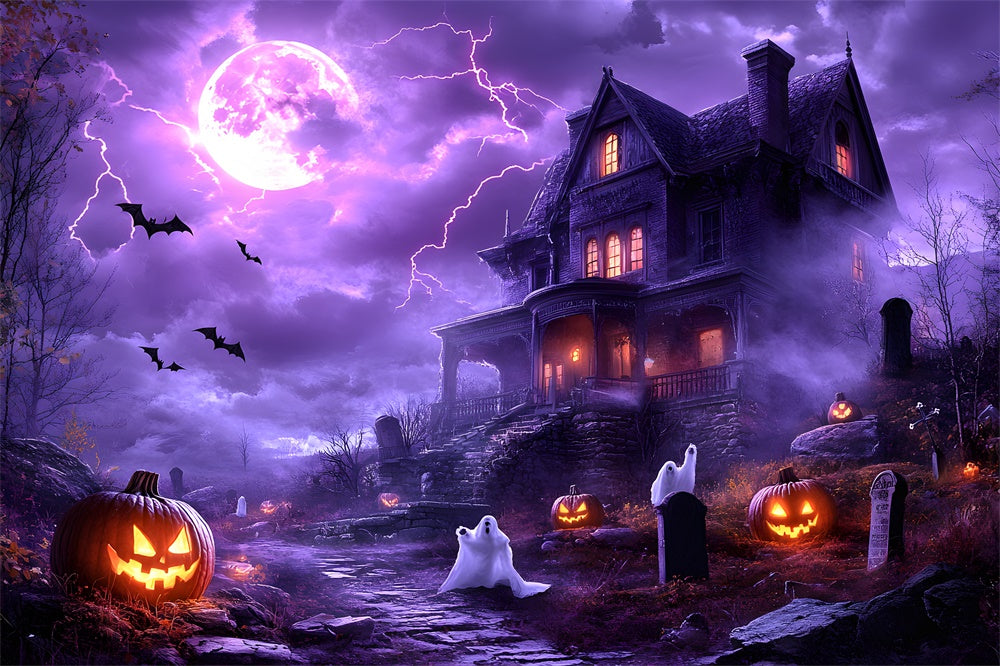Sfondo Di Halloween Viola Cielo Notturno Fulmine Fantasma RR9-108