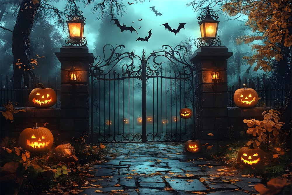 Orribile Sfondo Di Zucca Con Cancello Del Cimitero Di Halloween RR9-109