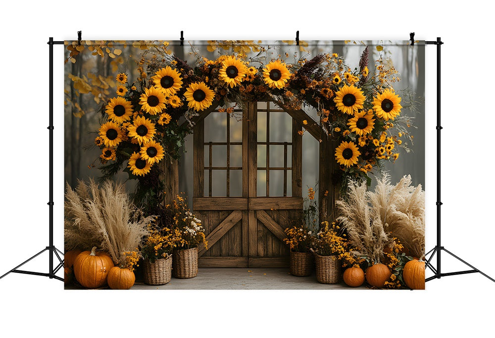 Sfondo Autunnale Con Porta In Legno Ghirlanda Di Girasoli RR9-13