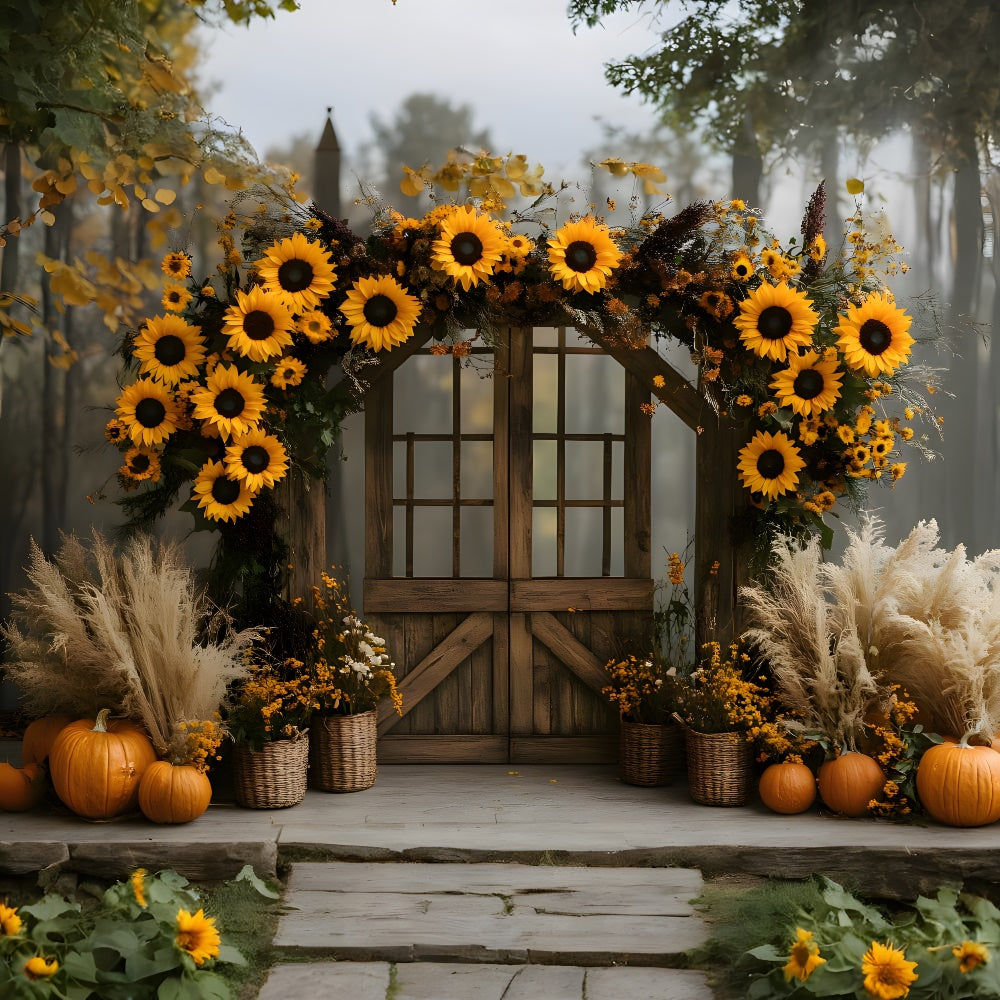 Sfondo Autunnale Con Porta In Legno Ghirlanda Di Girasoli RR9-13