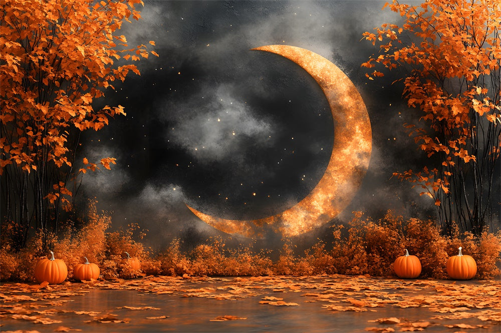 Sfondo Autunnale Di Alberi Di Acero Zucca Luna Dorata RR9-14