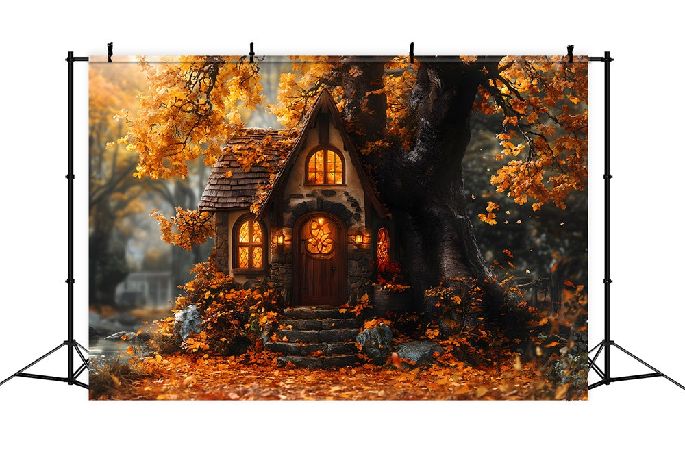 Sfondo Di Foglie Di Acero Della Casa Sull'Albero Della Foresta Autunnale RR9-22